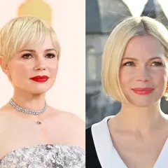 Michelle Williams w krótkich włosach i bobie. Krótsza fryzura z grzywką może sprawić, że twarz będzie wyglądać na smuklejszą.