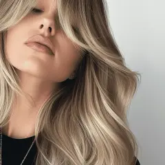 Blond włosy z grzywką na boki, ułożone prostownicą. Delikatne fale i subtelny makijaż podkreślają urodę.
