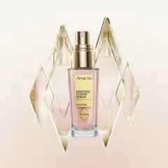 Elegancki koncentrat rewitalizujący do twarzy Avon ANEW Renewal Power Serum z Protinolem, otoczony geometrycznymi kryształami.