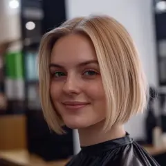 Uśmiechnięta blondynka z klasycznym bobem, który świetnie podkreśla jej owalną twarz.