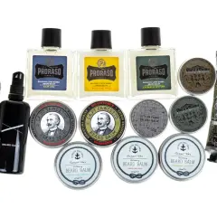 Kolekcja produktów do pielęgnacji brody: balsam i olejki. Wśród nich Proraso, Captain Fawcett, Apothecary87.