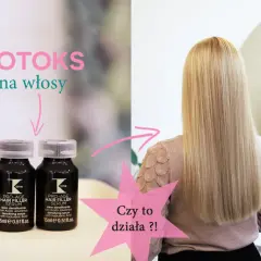 Dwie buteleczki serum do włosów i blond włosy kobiety.