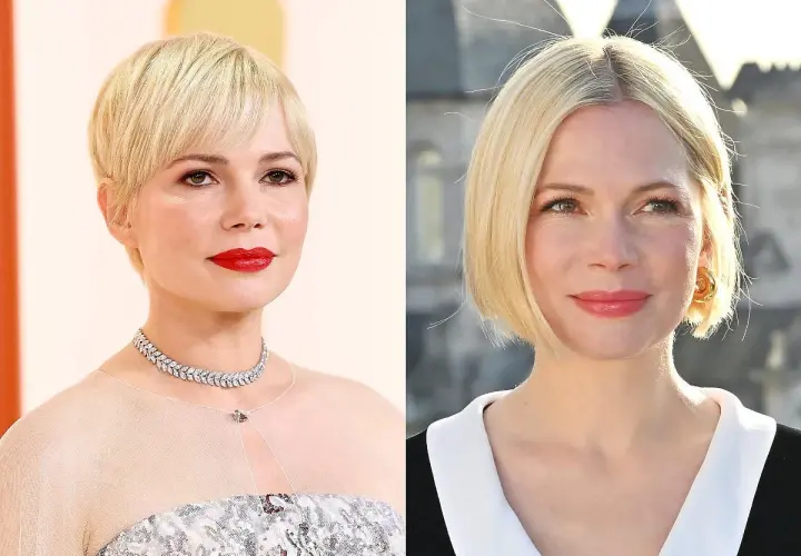 Michelle Williams w krótkich włosach i bobie. Krótsza fryzura z grzywką może sprawić, że twarz będzie wyglądać na smuklejszą.