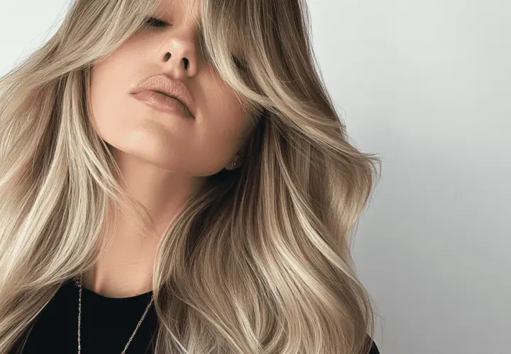 Blond włosy z grzywką na boki, ułożone prostownicą. Delikatne fale i subtelny makijaż podkreślają urodę.