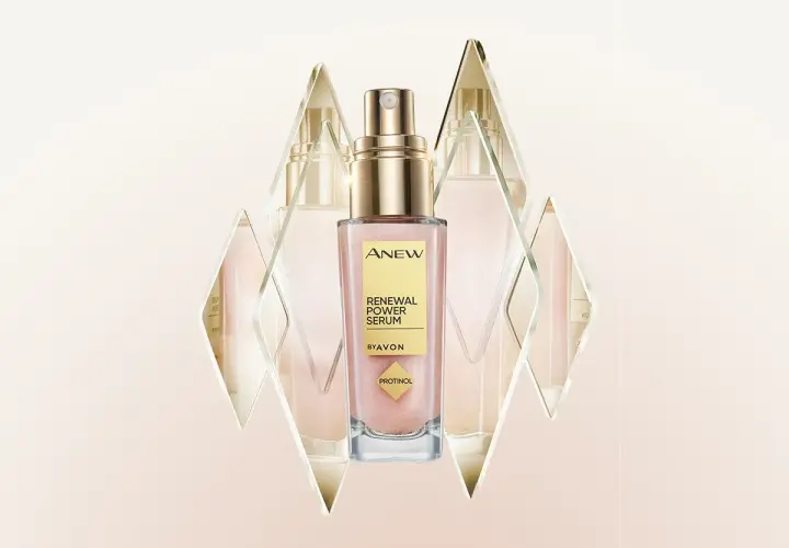 Elegancki koncentrat rewitalizujący do twarzy Avon ANEW Renewal Power Serum z Protinolem, otoczony geometrycznymi kryształami.