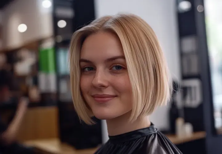 Uśmiechnięta blondynka z klasycznym bobem, który świetnie podkreśla jej owalną twarz.