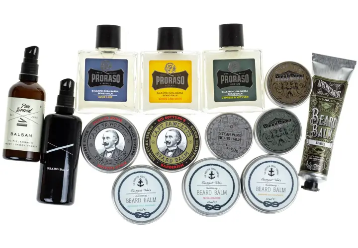 Kolekcja produktów do pielęgnacji brody: balsam i olejki. Wśród nich Proraso, Captain Fawcett, Apothecary87.