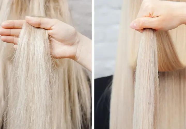 Dwa ujęcia blond włosów: przed i po zabiegu, pokazujące różnicę w ich wyglądzie.