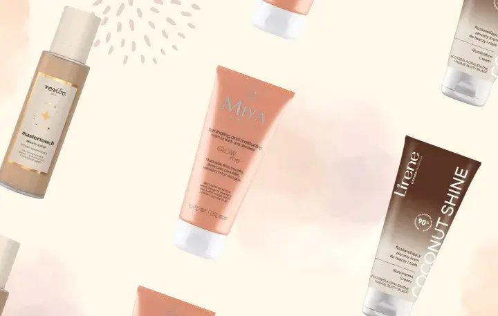 Kolekcja balsamów rozświetlających z drobinkami: Eveline Brazilian Body, Resibo Mastertouch, MIYA Glow Me, Lirene Coconut Shine i Lash Brow.