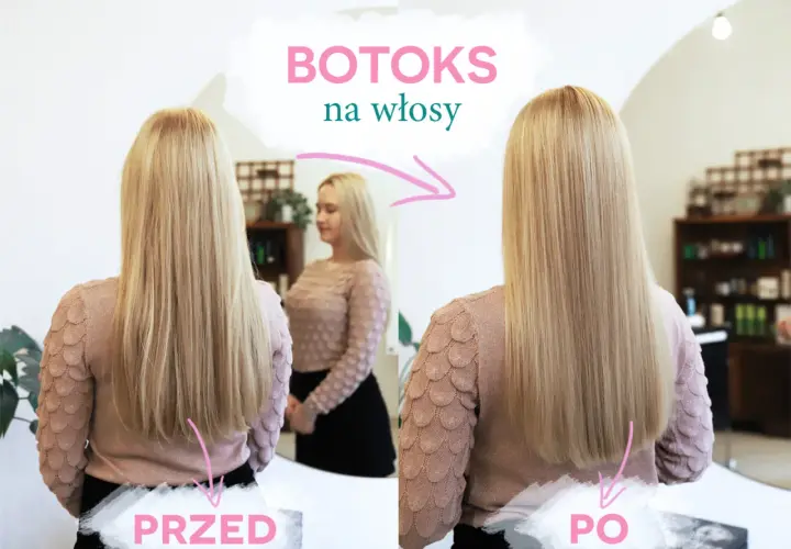 Przed i po zabiegu botoksu na włosy. Włosy po zabiegu są wygładzone i lśniące. Czy botoks na włosy działa? Tak!