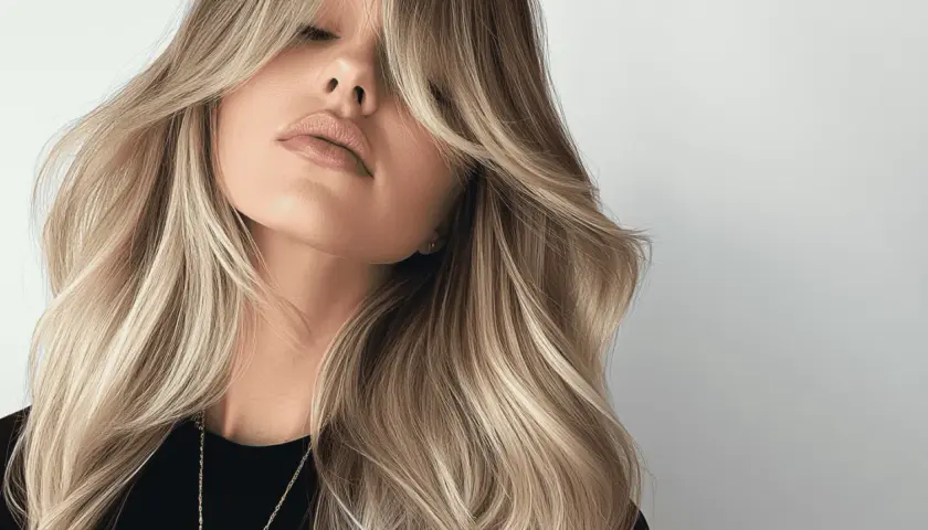 Blond włosy z grzywką na boki, ułożone prostownicą. Delikatne fale i subtelny makijaż podkreślają urodę.