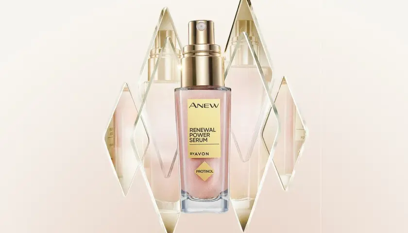 Elegancki koncentrat rewitalizujący do twarzy Avon ANEW Renewal Power Serum z Protinolem, otoczony geometrycznymi kryształami.