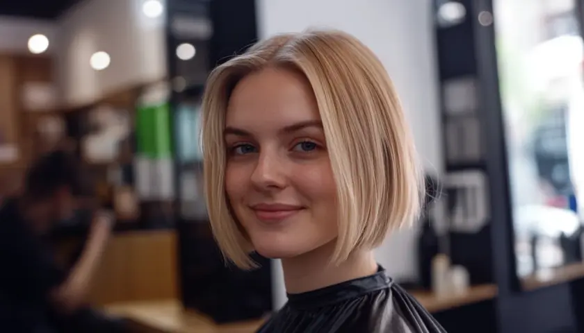 Uśmiechnięta blondynka z klasycznym bobem, który świetnie podkreśla jej owalną twarz.