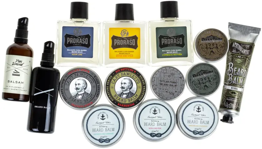Kolekcja produktów do pielęgnacji brody: balsam i olejki. Wśród nich Proraso, Captain Fawcett, Apothecary87.