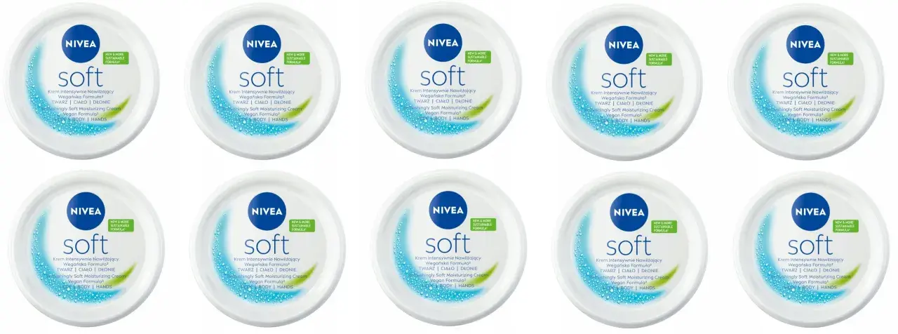 Dziesięć słoiczków kremu Nivea Soft. Zastanawiasz się, ile kosztuje krem Nivea? Ten nawilżający krem do twarzy, ciała i dłoni ma wegańską formułę.