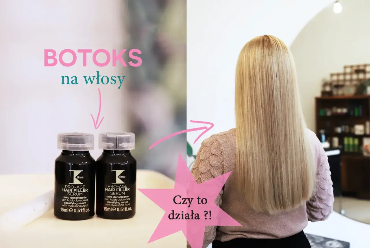 Dwie buteleczki serum do włosów i blond włosy kobiety.