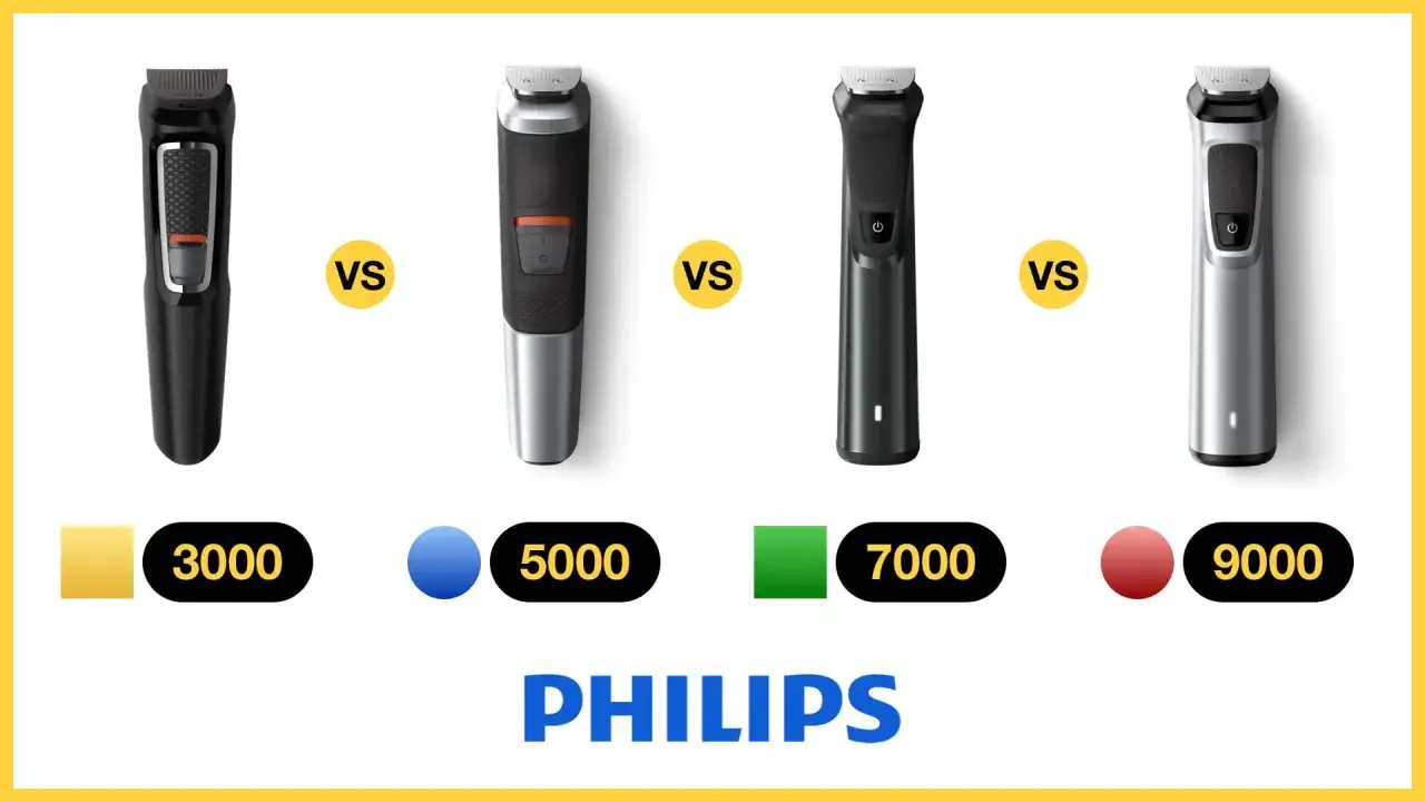 Por&oacute;wnanie golarek Philips: czy wybrać model 7000 czy 9000? Widoczne modele 3000, 5000, 7000 i 9000.