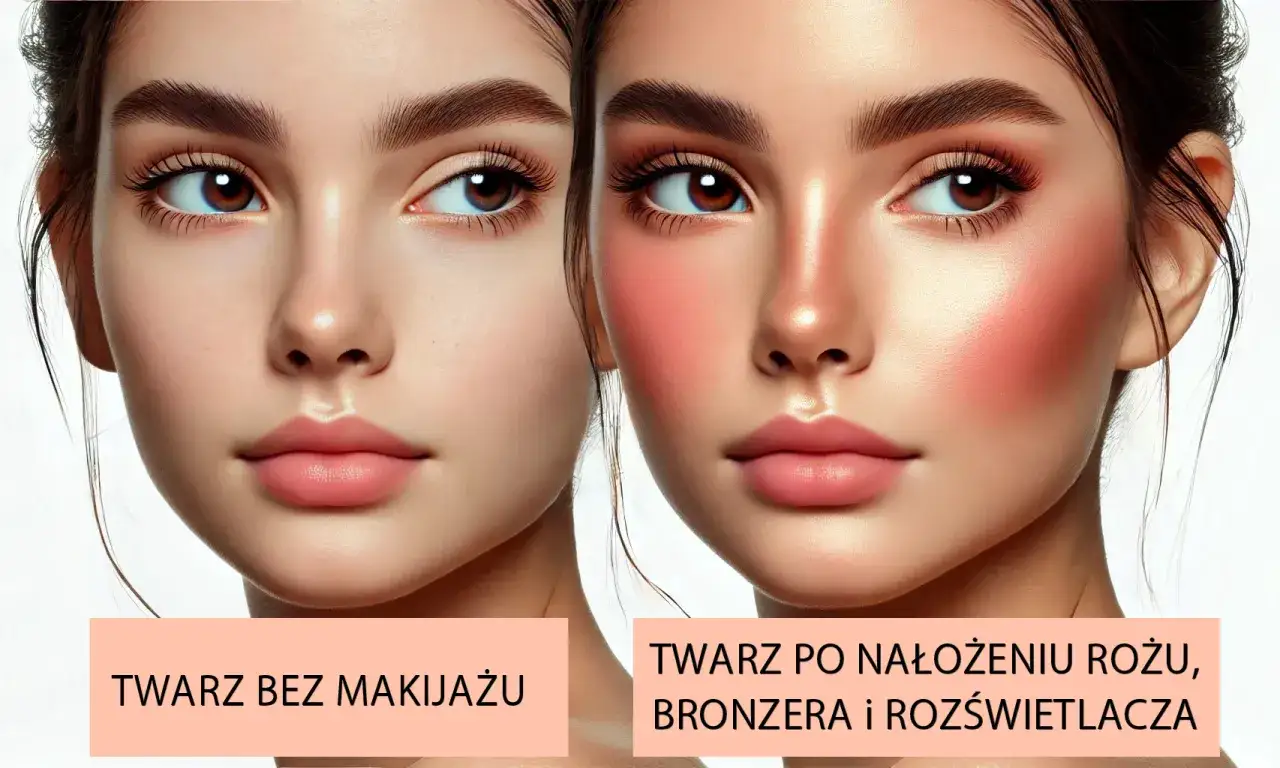 Por&oacute;wnanie twarzy: bez makijażu i po nałożeniu r&oacute;żu, bronzera i pudru rozświetlającego na całą twarz.