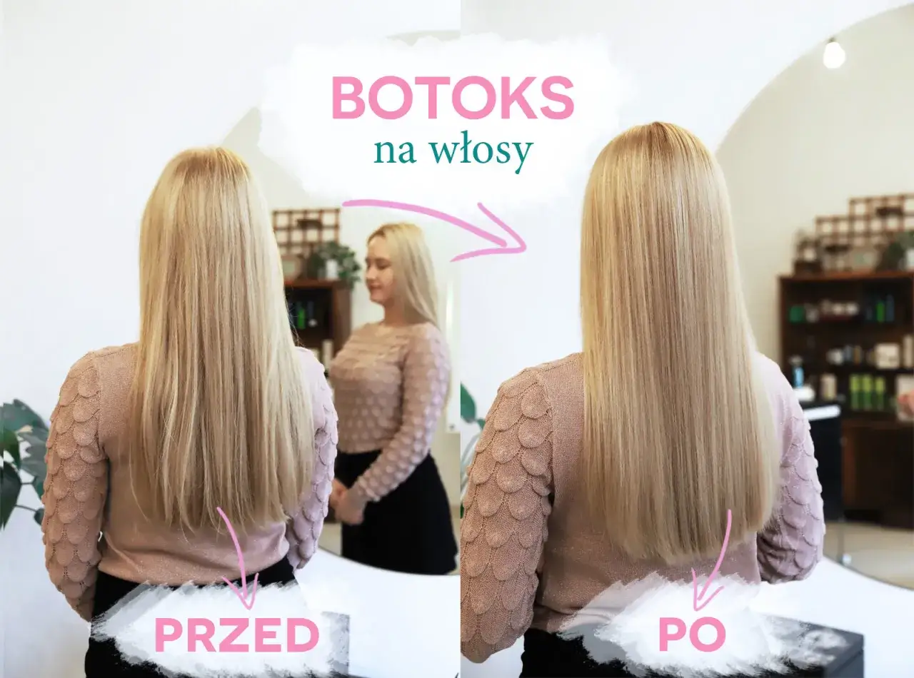 Przed i po zabiegu botoks na włosy: włosy stają się gładkie, lśniące i zdrowsze.